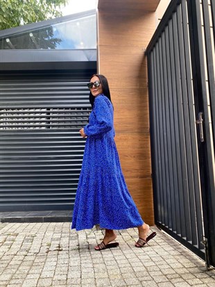 Mavi  Benekli Fırfır Kol Midi Elbise