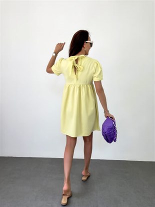 Sarı  Sırt Bağlama Detay Koton Mini Elbise