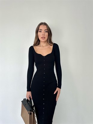 Siyah  Reglan Kol Dekolte Yakalı Triko Elbise