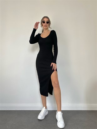 Siyah  Yıtmaçlı Fitilli Triko Elbise