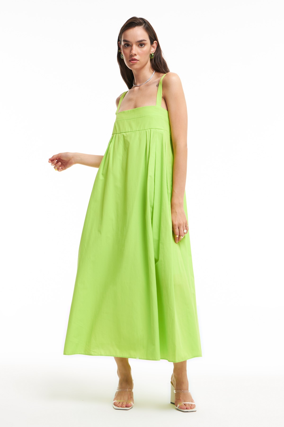 Askılı Uzun Elbise Neon Yeşil