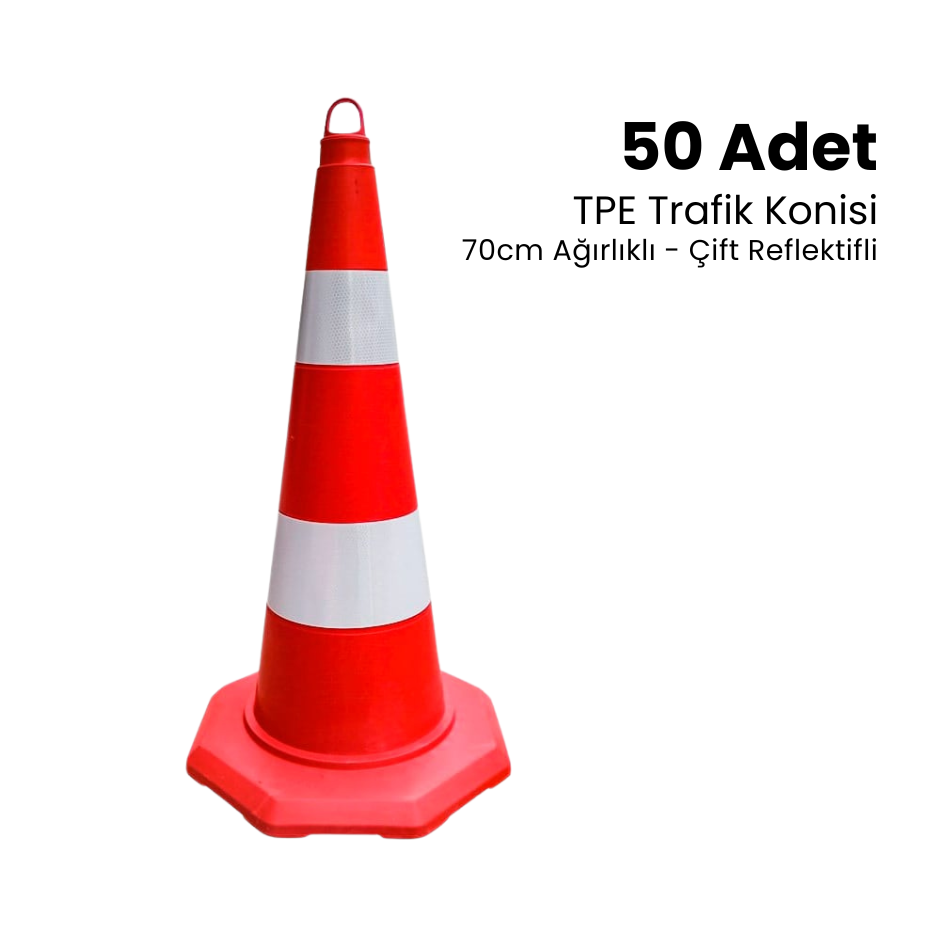 50'li TPE Trafik Konisi Seti 70 cm Çift Reflektifli Trafik Dubası