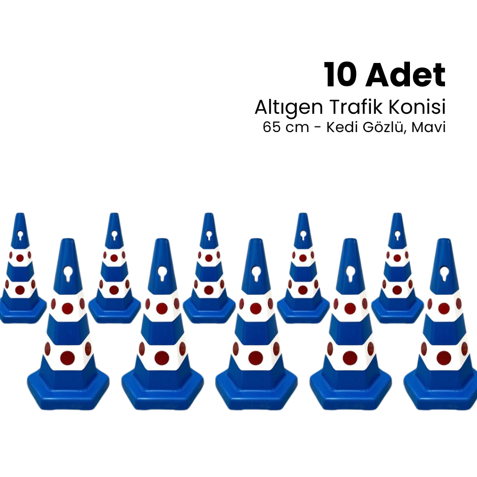 10 Adet Kedi Gözlü Mavi Altıgen Trafik Konisi 65 cm Trafik Dubası Seti