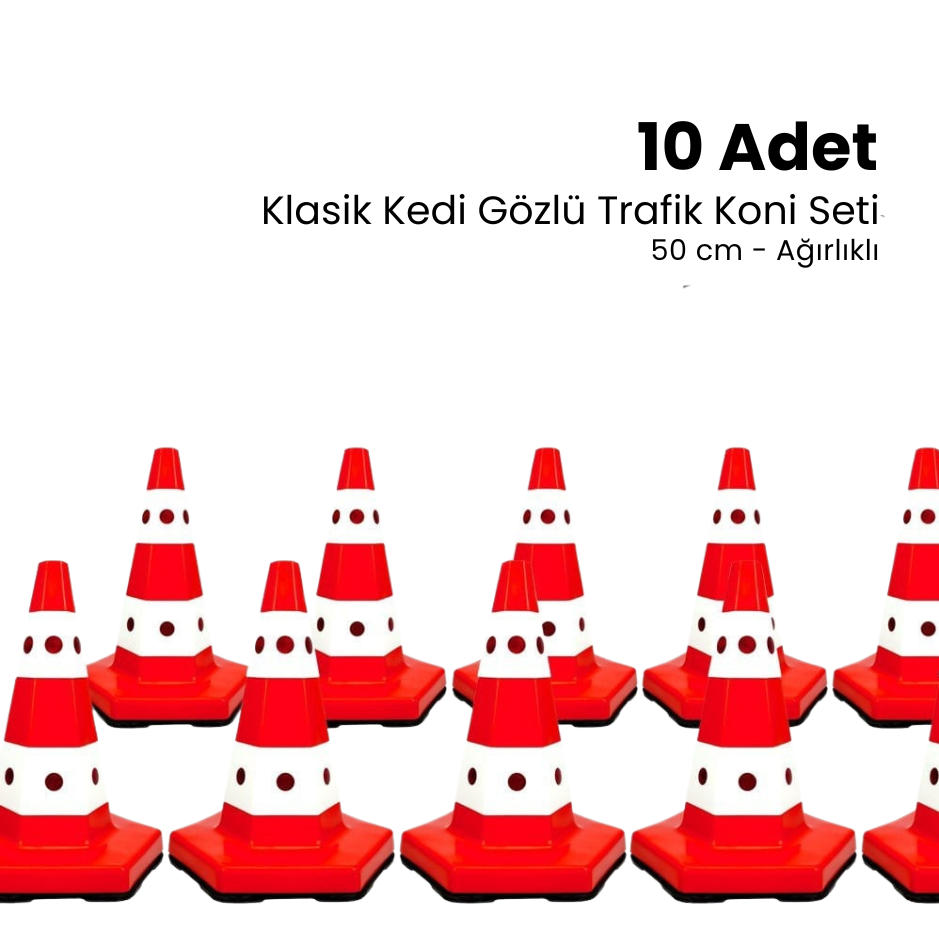 10 Adet Klasik Kedi Gözlü Trafik Konisi 50 cm Trafik Dubası