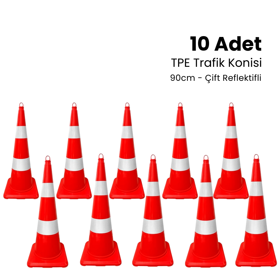 10 Adet TPE Trafik Konisi 90 cm Çift Reflektifli Trafik Dubası Seti