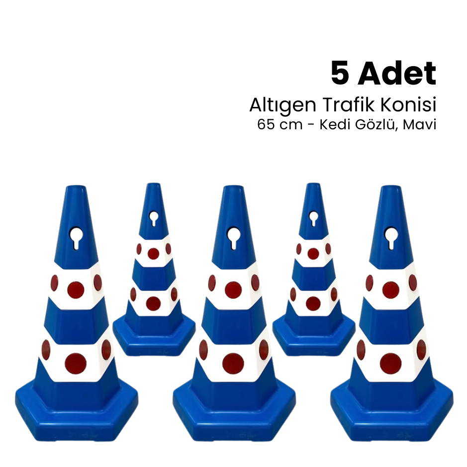 5 Adet Kedi Gözlü Mavi Altıgen Trafik Konisi 65 cm Trafik Dubası Seti