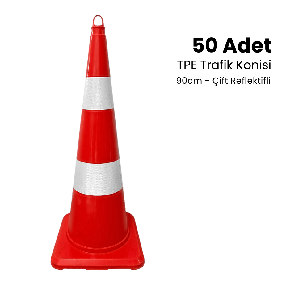 50 Adet TPE Trafik Konisi 90 cm Çift Reflektifli Trafik Dubası Seti