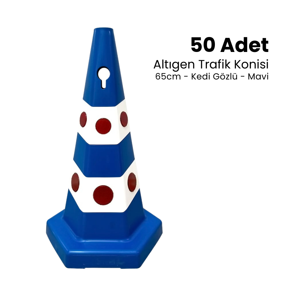 50'li Kedi Gözlü Kırmızı Altıgen Trafik Konisi Seti 65 cm Trafik Dubası