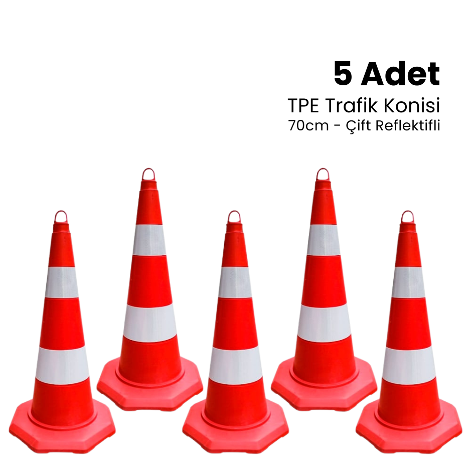 5'li TPE Trafik Konisi Seti 70 cm Çift Reflektifli Trafik Dubası