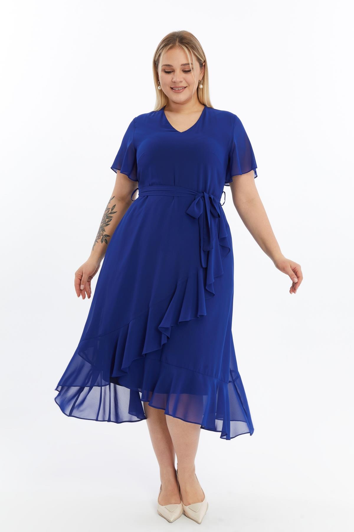 Büyük Beden Eteği Volanlı Şifon Elbise