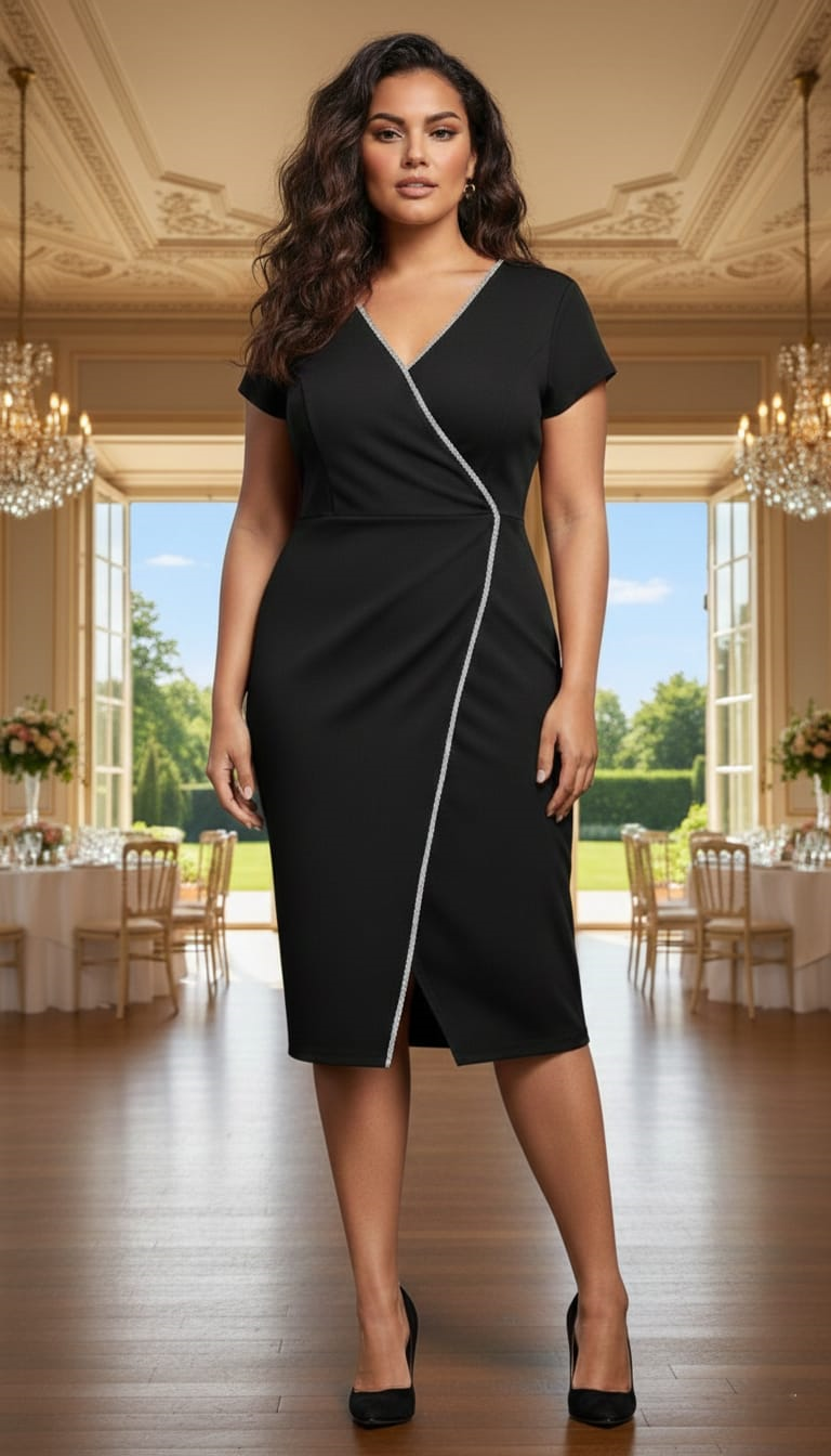 BÜYÜK BEDEN V YAKALI TAŞLI KREP ELBİSE