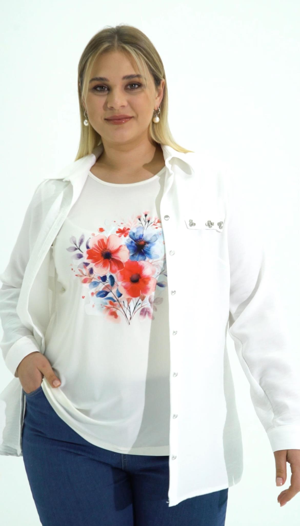 BÜYÜK BEDEN CEBİ TAŞLI İÇİ BLUZLU GÖMLEK