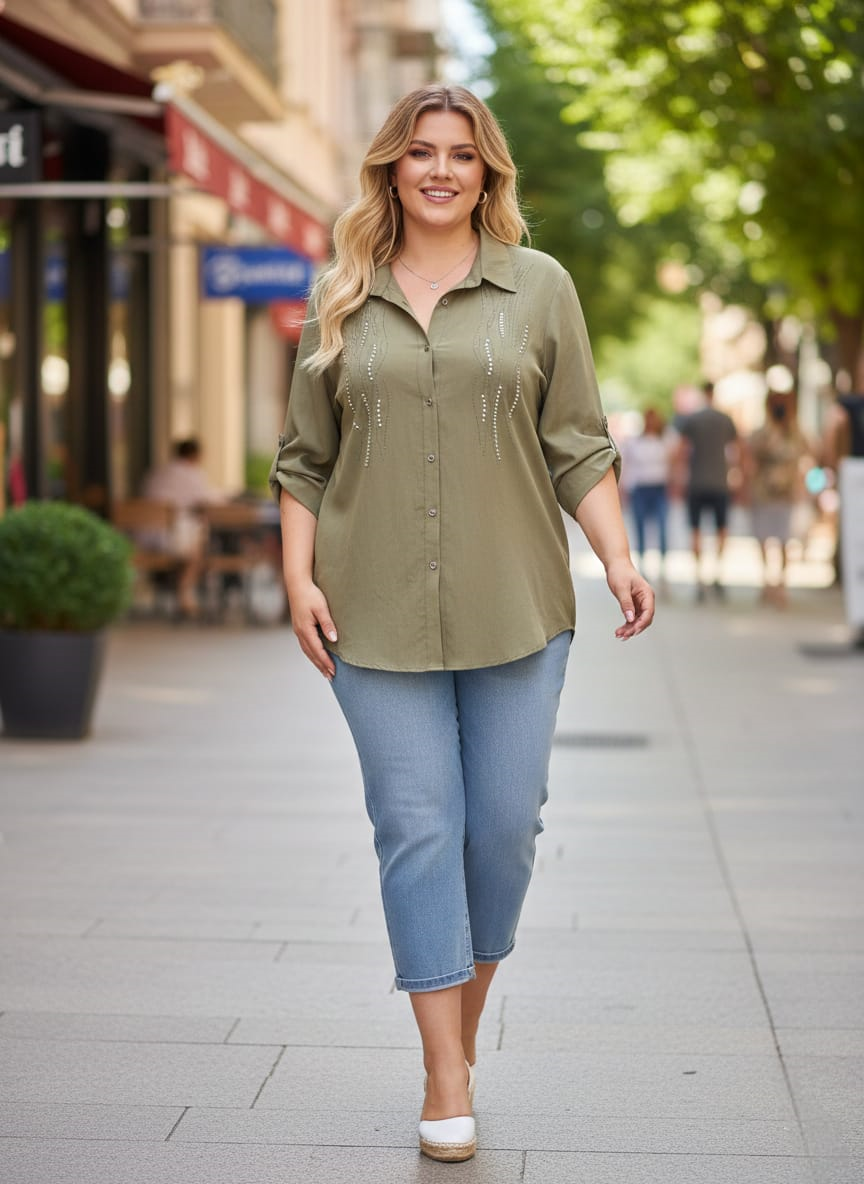 Büyük Beden Tensel İşlemeli Gömlek