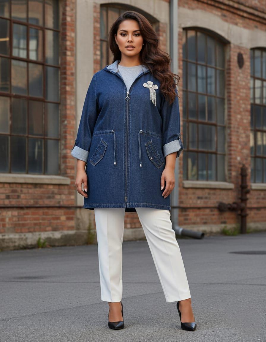 Büyük Beden Kapüşonlu Kot Ceket