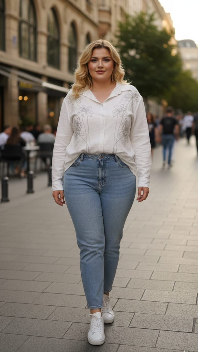 Büyük Beden Keten İşlemeli Gömlek