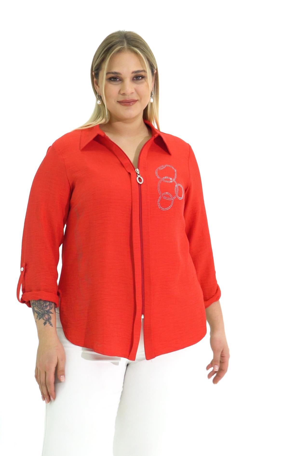 Büyük Beden Sofi Taşlı Fermuarlı Taşlı Gömlek