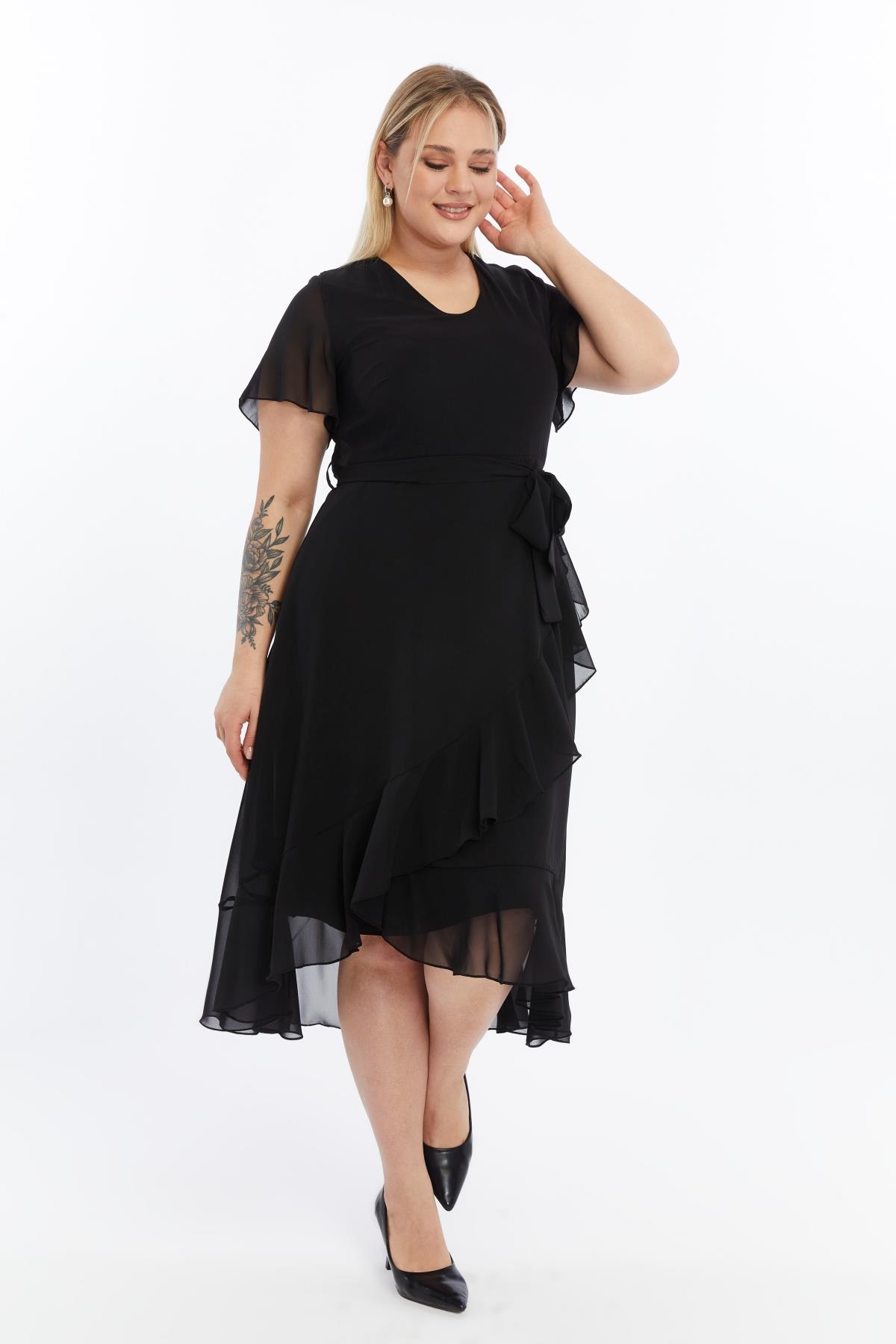 Büyük Beden Eteği Volanlı Şifon Elbise