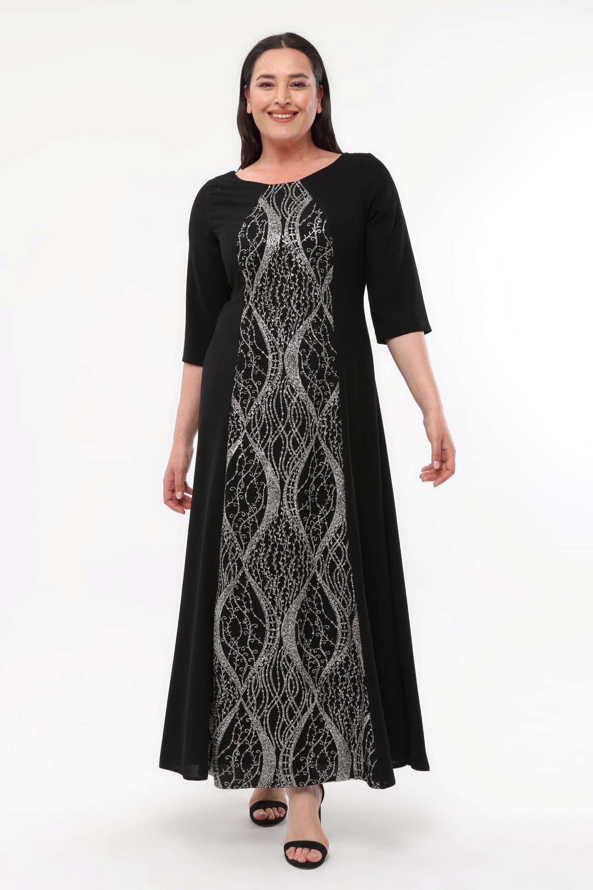 Büyük Beden Uzun Önü Pano Desenli  Abiye elbise 