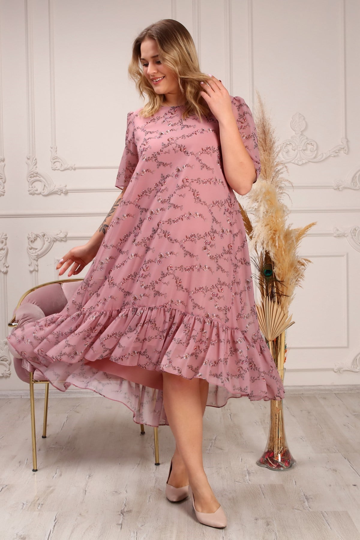 büyük bbeden çiek desenli şifon wlbise