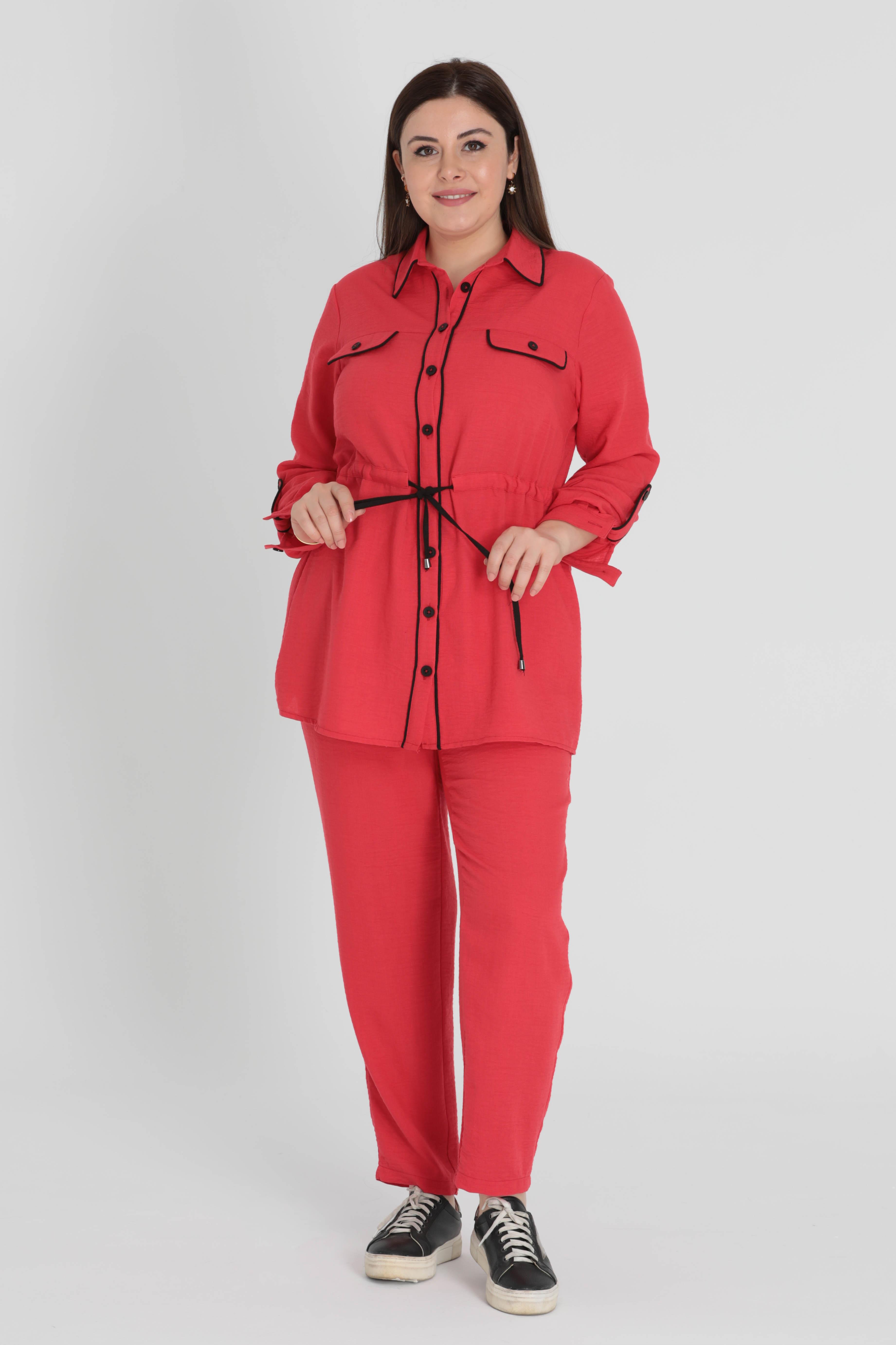 Büyük Beden Biyeli Gömlekli Pantolonlu  Takım