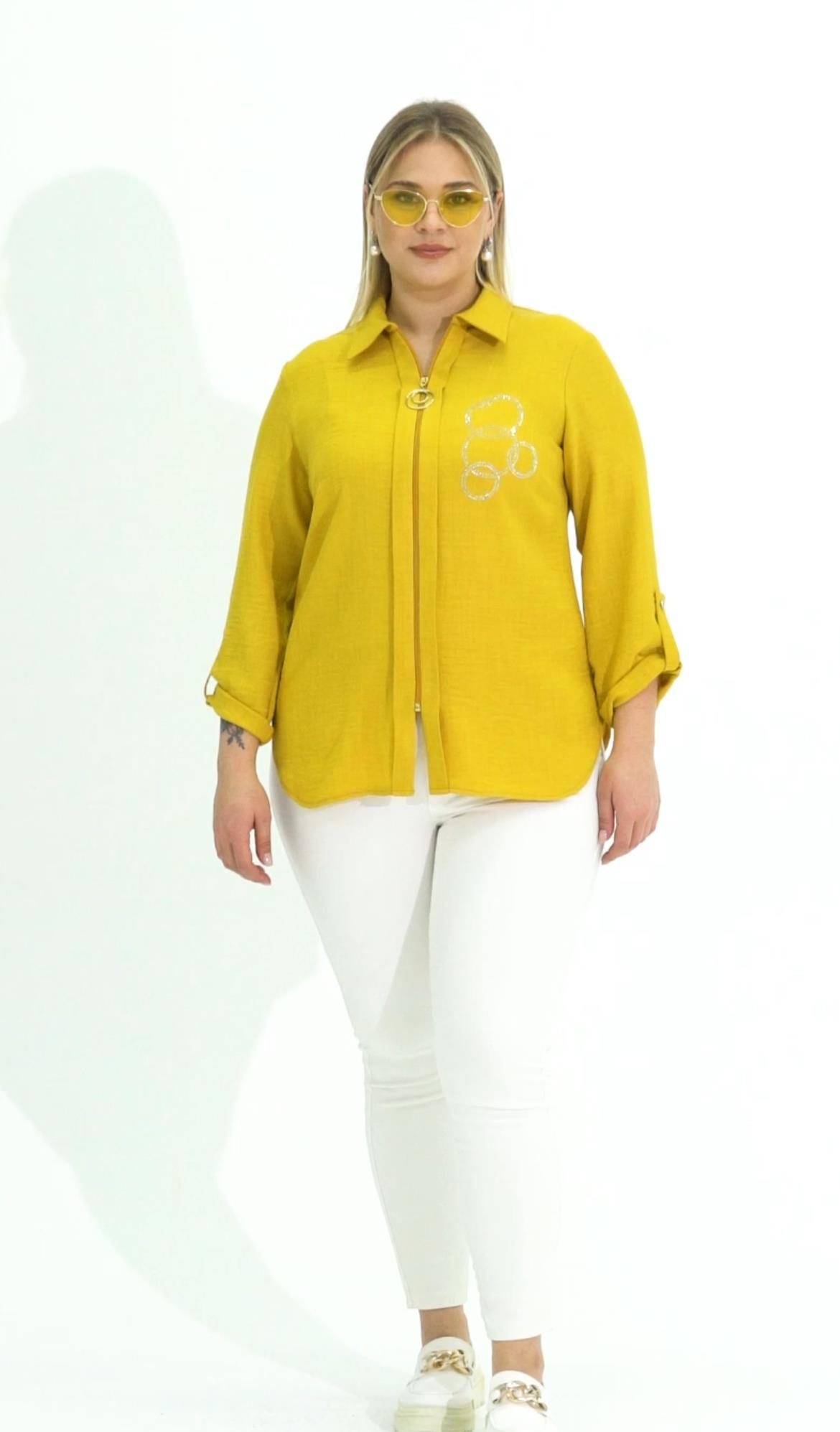 Büyük Beden Sofi Taşlı Fermuarlı Gömlek