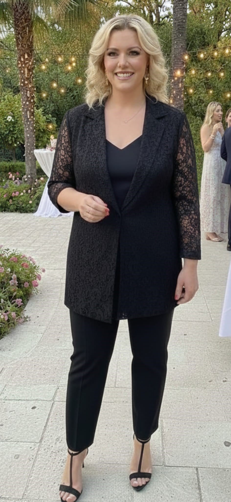 Büyük Beden Dantel Ceket İçi Bluzlu Pantolonlu Takım