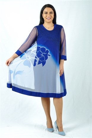 Büyük Beden Abiye Elbise Saks Mavisi Tül Çiçek Desenli | EmworkXXL