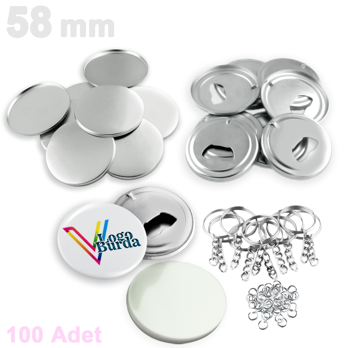 58mm Buton Anahtarlık Açacak SARF - 100 Adet