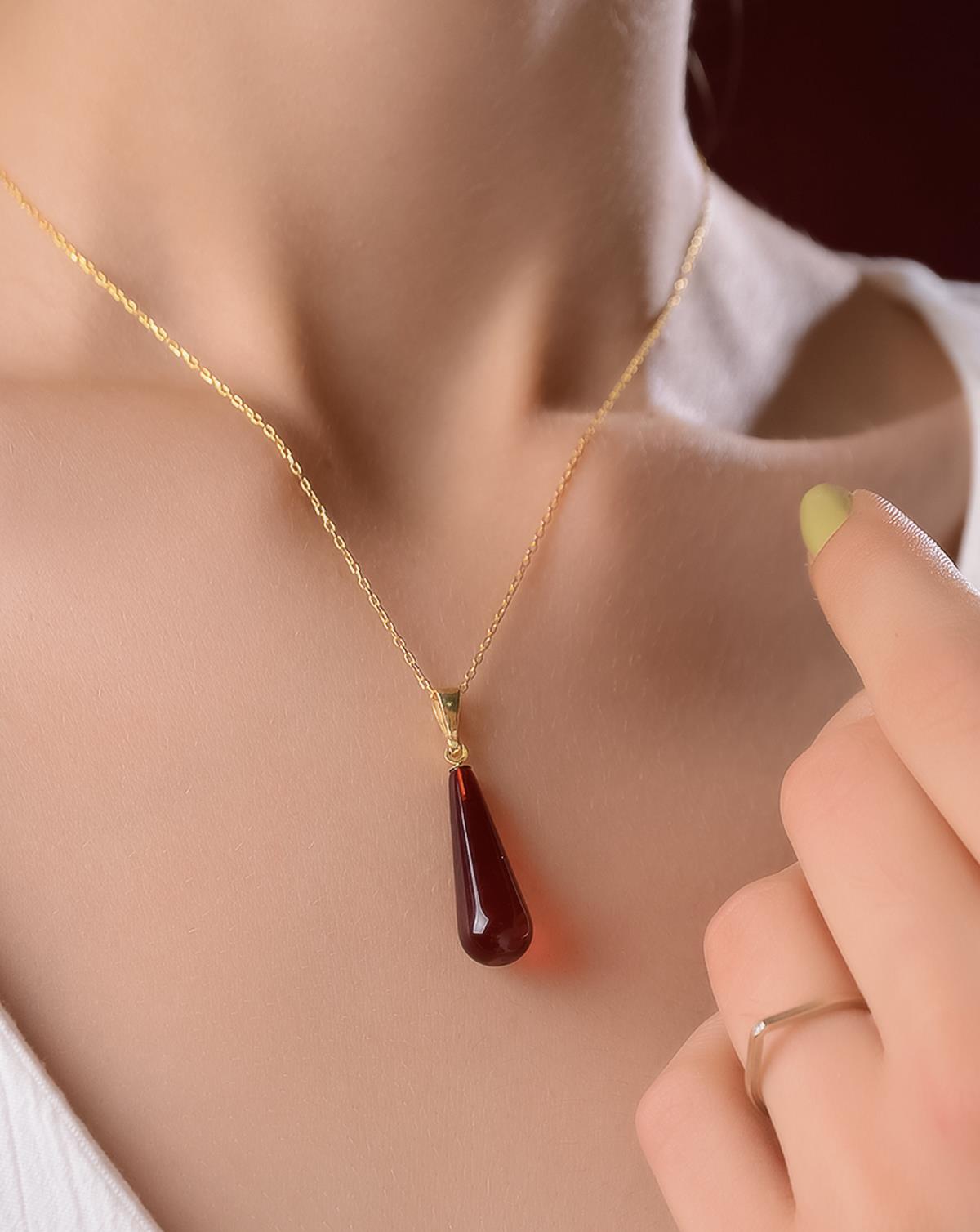 Altın Kaplama 925 Ayar Gümüş Kırmızı Kehribar Kolye