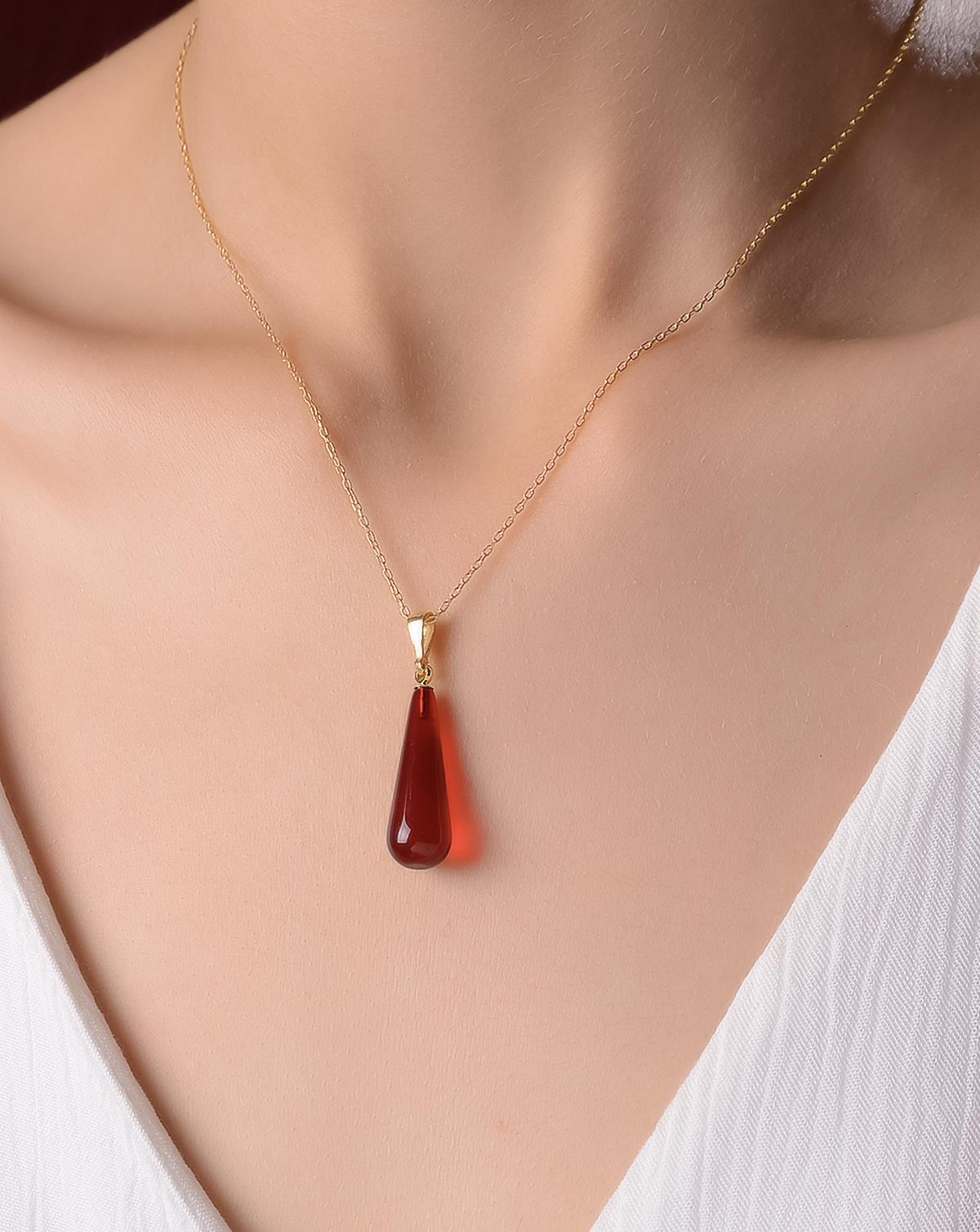 Altın Kaplama 925 Ayar Gümüş Kırmızı Kehribar Kolye