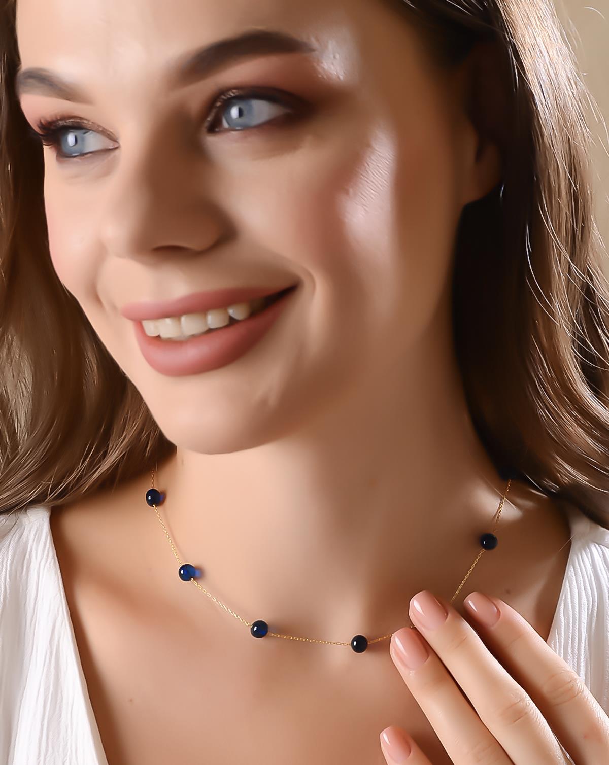 Altın Kaplama 925 Ayar Gümüş Mavi Kehribar Kolye