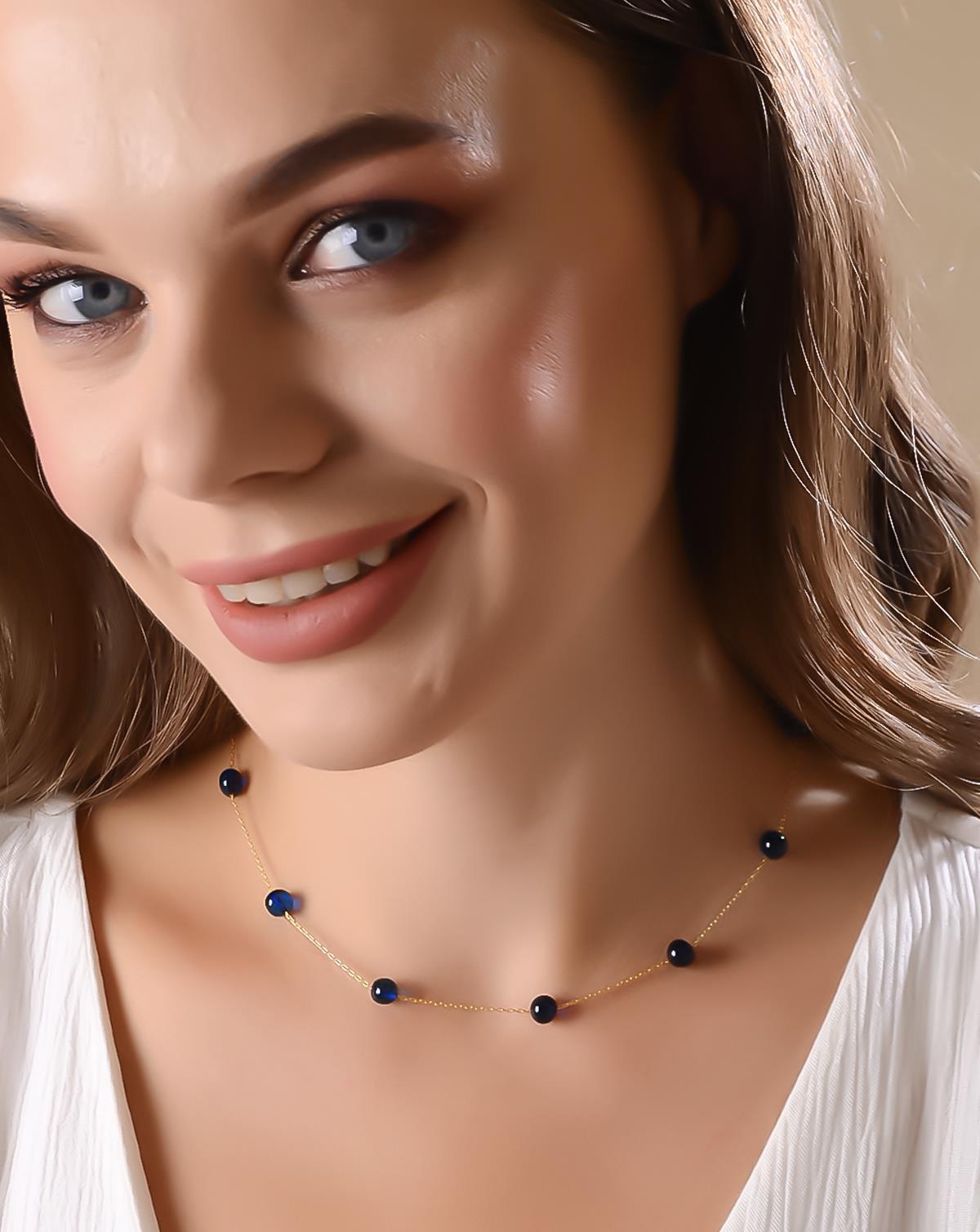 Altın Kaplama 925 Ayar Gümüş Mavi Kehribar Kolye