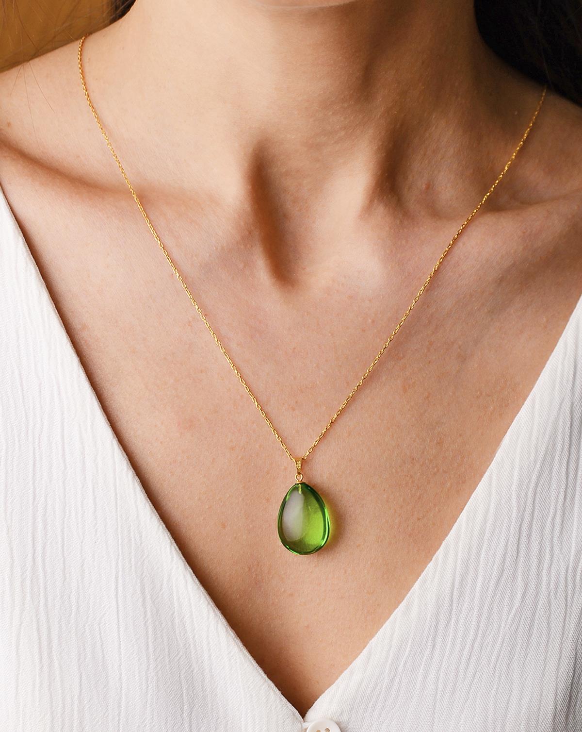 Altın Kaplama 925 Ayar Gümüş Özel Seri Yeşil Kehribar Kolye