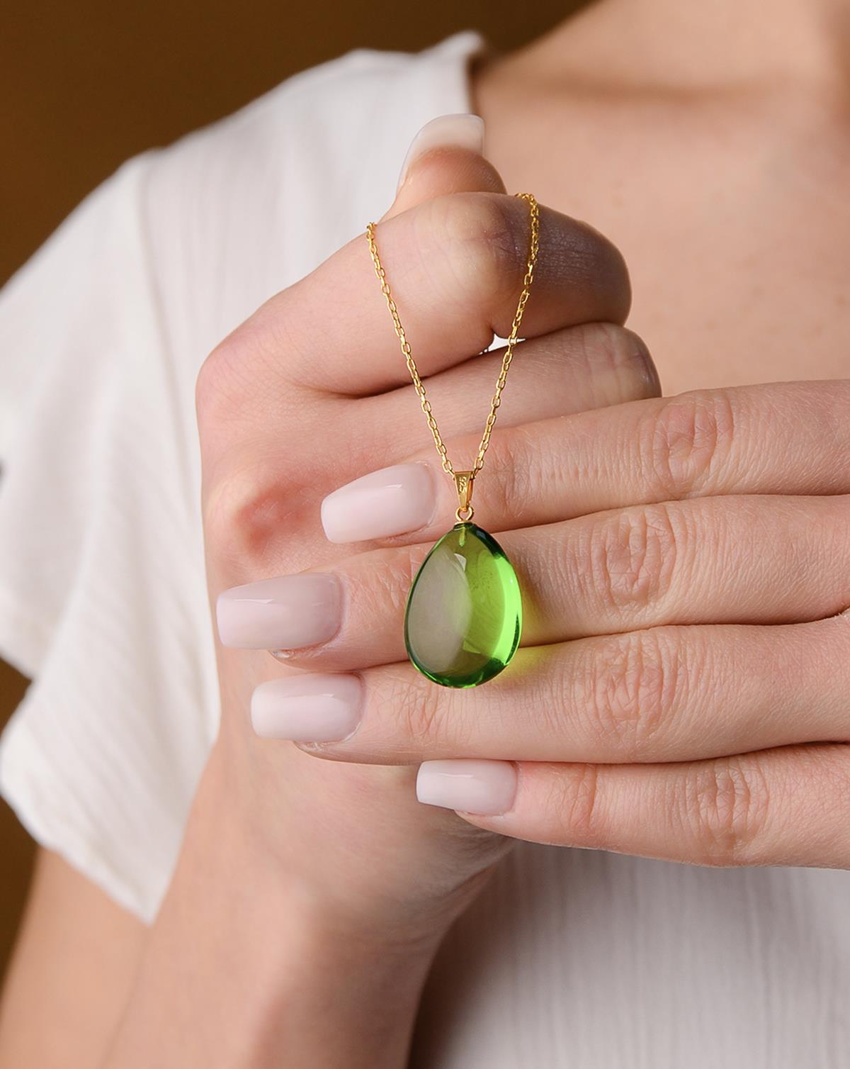 Altın Kaplama 925 Ayar Gümüş Özel Seri Yeşil Kehribar Kolye