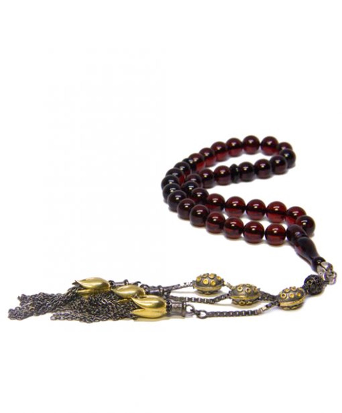 925 Ayar Gümüş Püsküllü Vişne Rengi Küre Kesim Baltık Damla Kehribar Tesbih