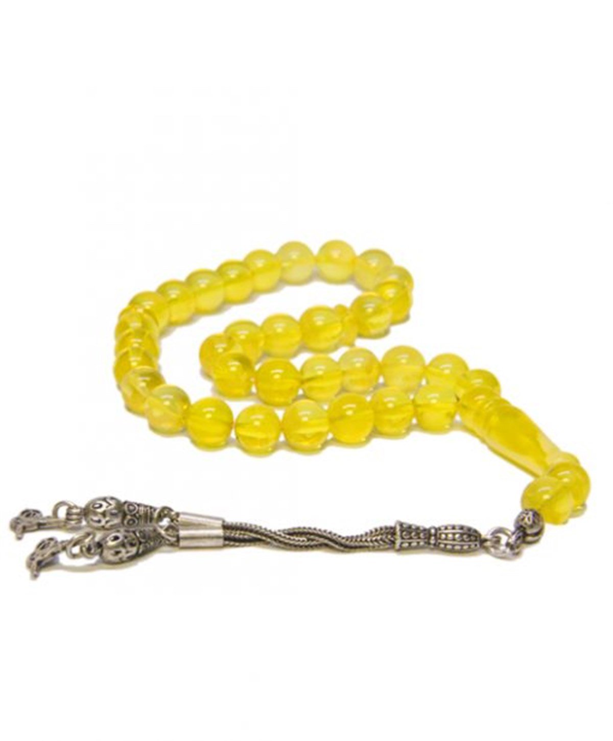 925 Ayar Gümüş Püsküllü Küre Kesim Limon Rengi Baltık Damla Kehribar Tesbih