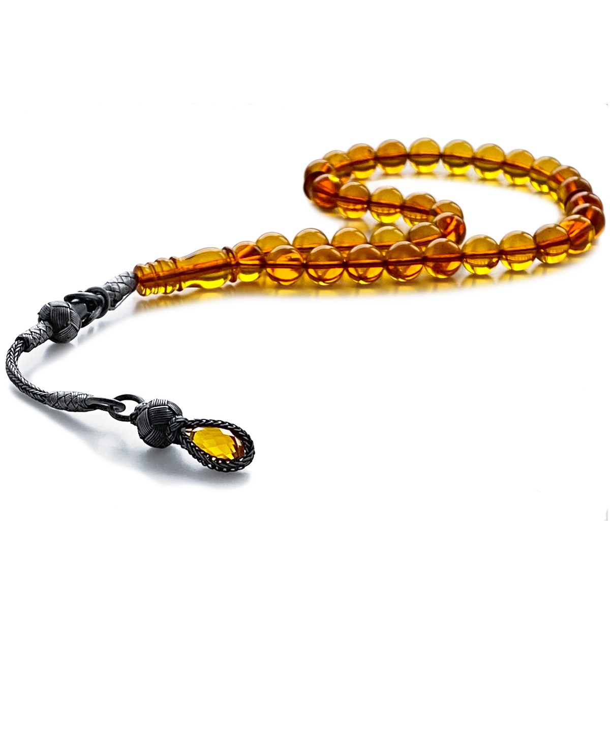 925 Ayar Gümüş Kazaz Püsküllü Küre Kesim Baltık Karamel Rengi Damla Kehribar Tesbih