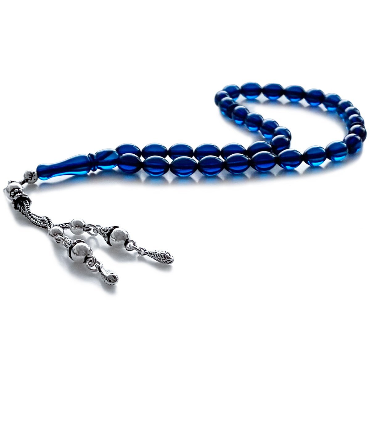 925 Ayar Gümüş Püsküllü Arpa Kesim Dominik Mavi Damla Kehribar Tesbih