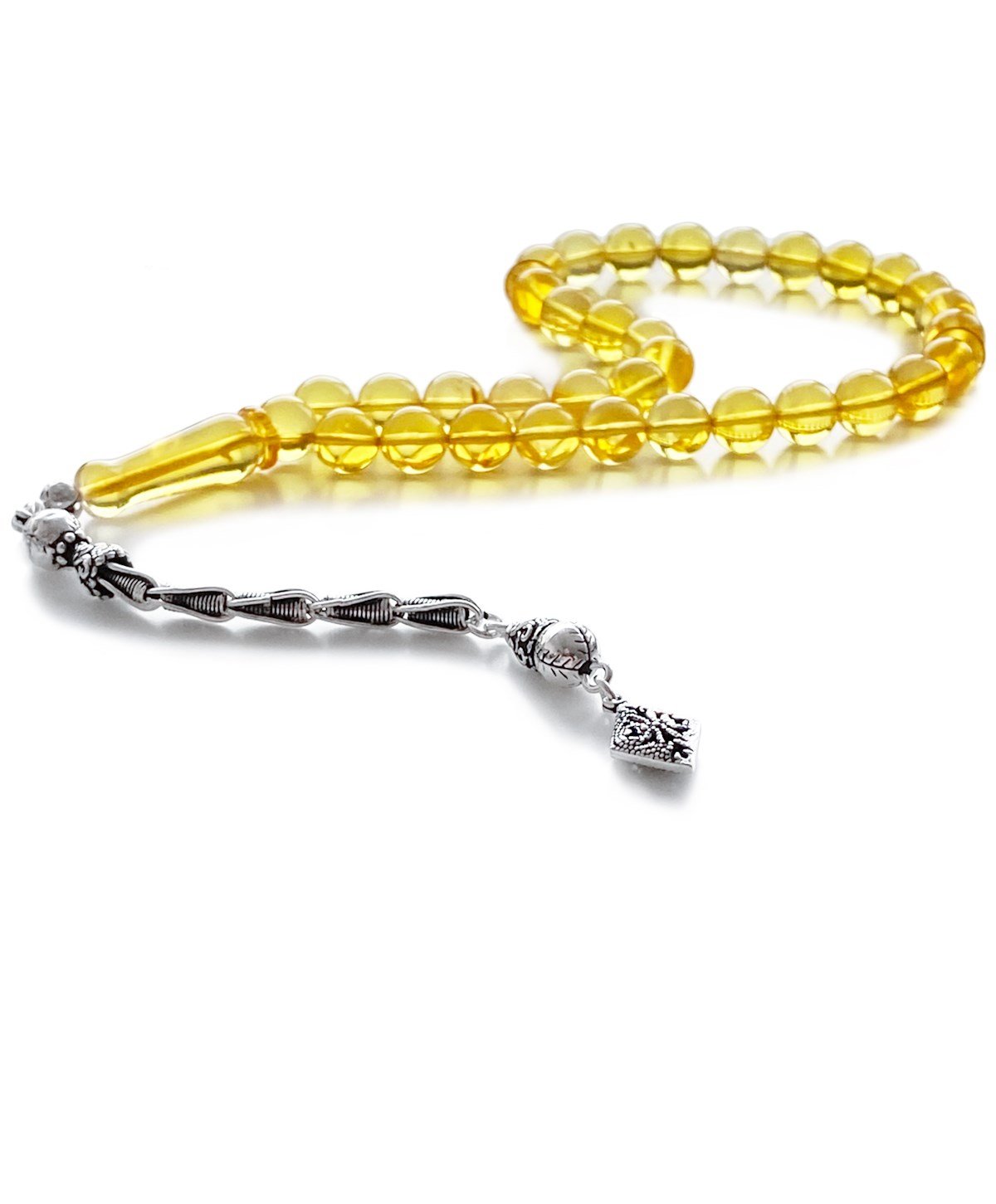 925 Ayar Gümüş Püsküllü Küre Kesim Baltık Limon Rengi Damla Kehribar Tesbih