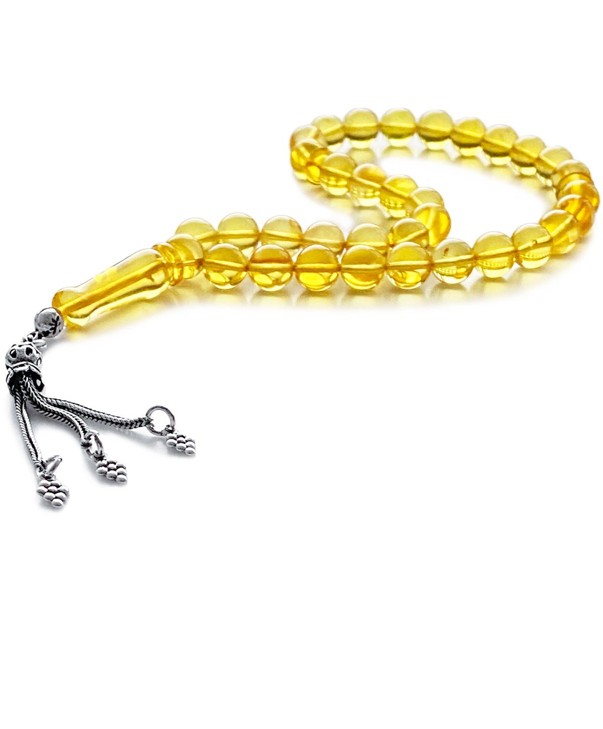 925 Ayar Gümüş Püsküllü Küre Kesim Baltık Limon Rengi Damla Kehribar Tesbih