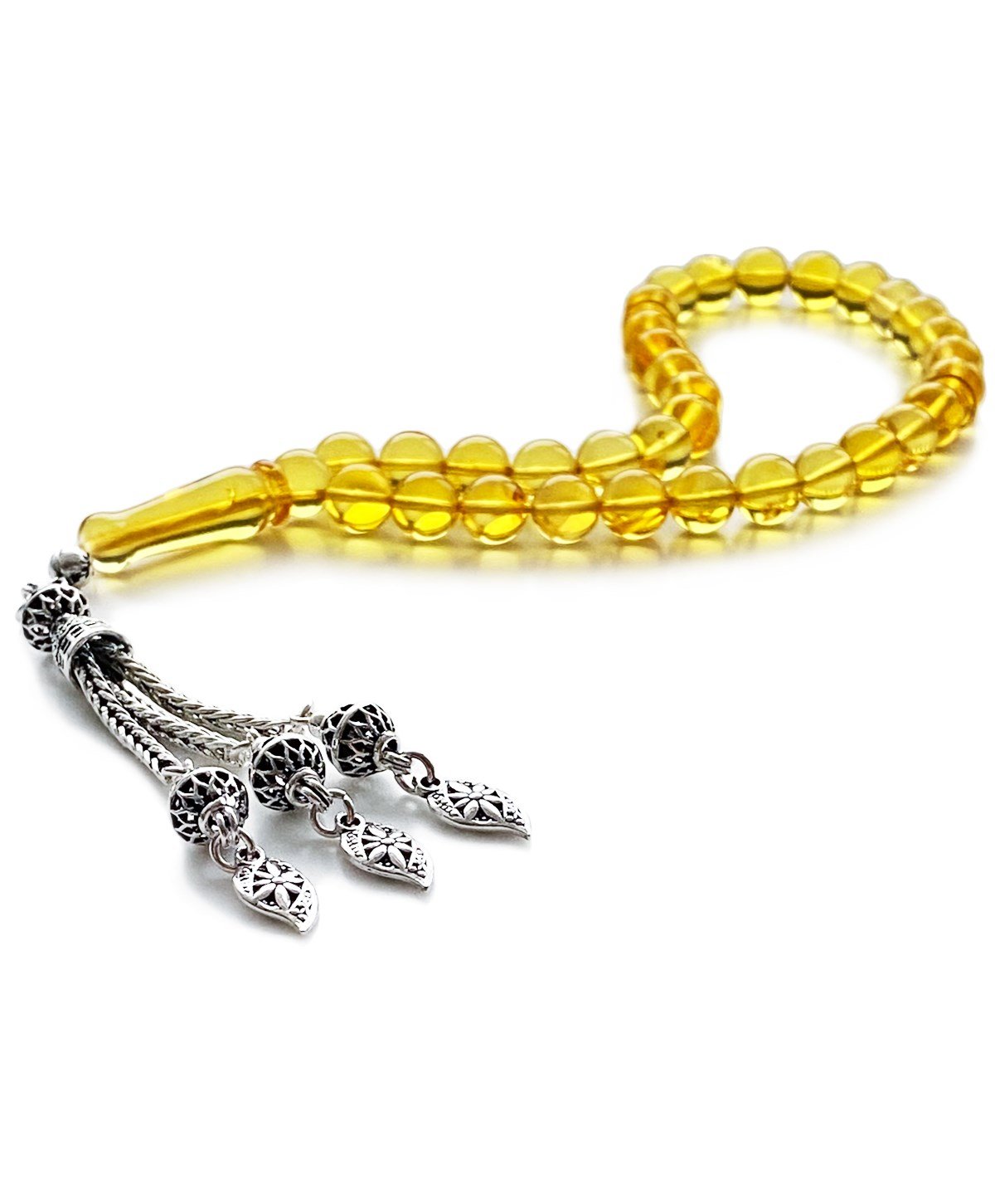 925 Ayar Gümüş Püsküllü Küre Kesim Baltık Limon Rengi Damla Kehribar Tesbih