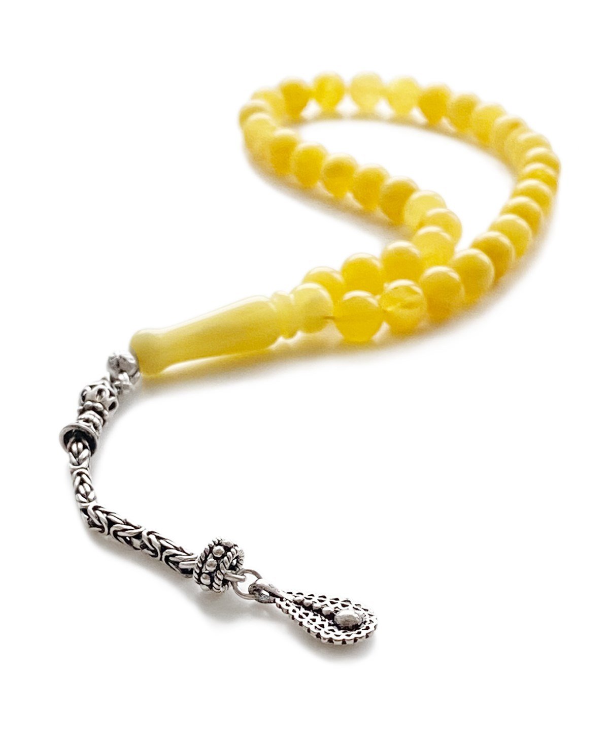 925 Ayar Gümüş Püsküllü Küre Kesim Mat Sarı Baltık Damla Kehribar Tesbih