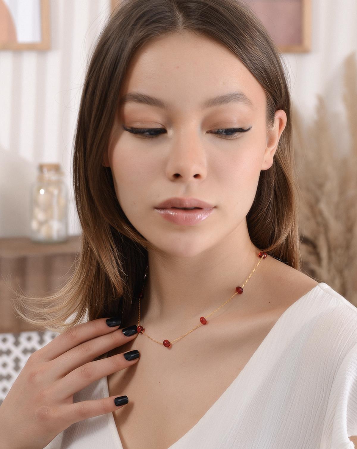 Altın Kaplama 925 Ayar Gümüş Kırmızı Kehribar Kolye