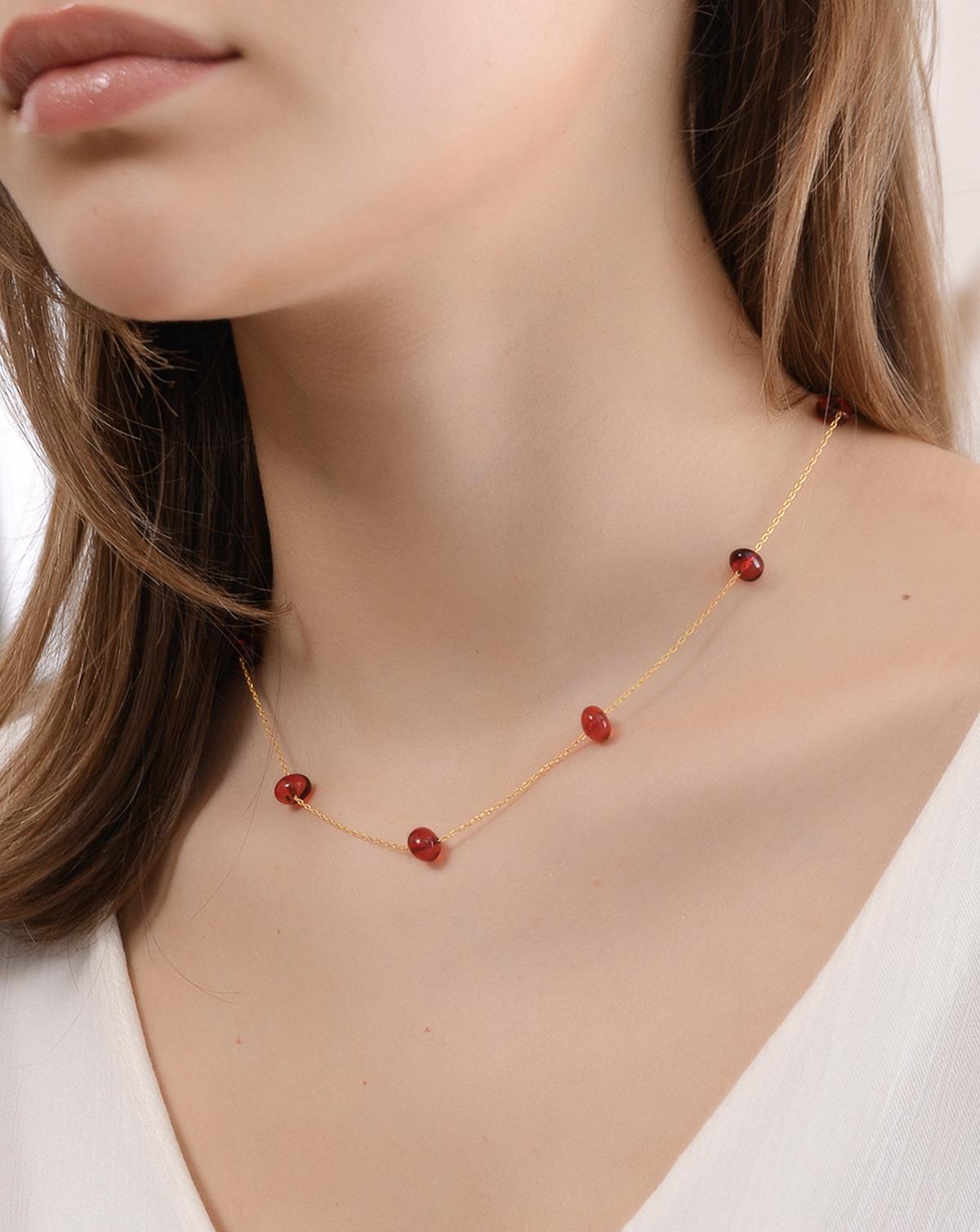 Altın Kaplama 925 Ayar Gümüş Kırmızı Kehribar Kolye