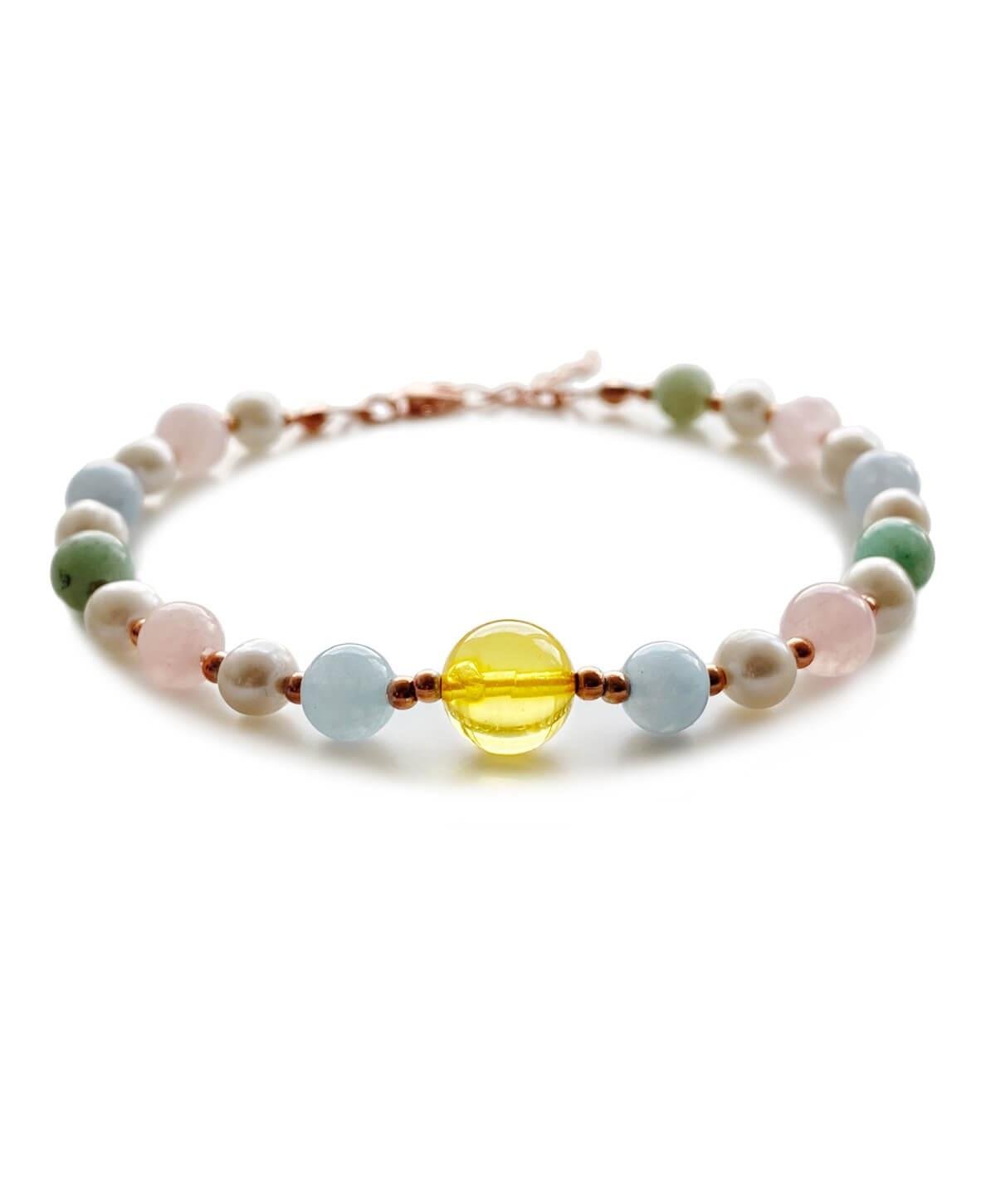 İnci Pembe Quartz Akuamarin Aventurin Taşlı Limon Rengi Kehribar Bileklik