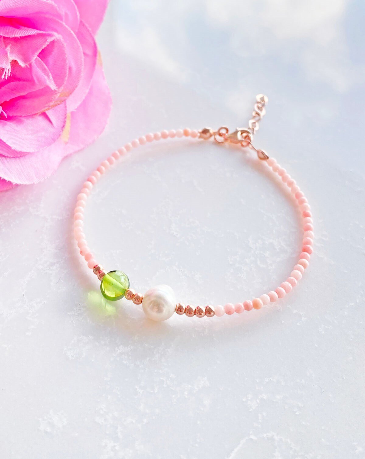 İnci Quartz Taşlı Yeşil Kehribar Bileklik