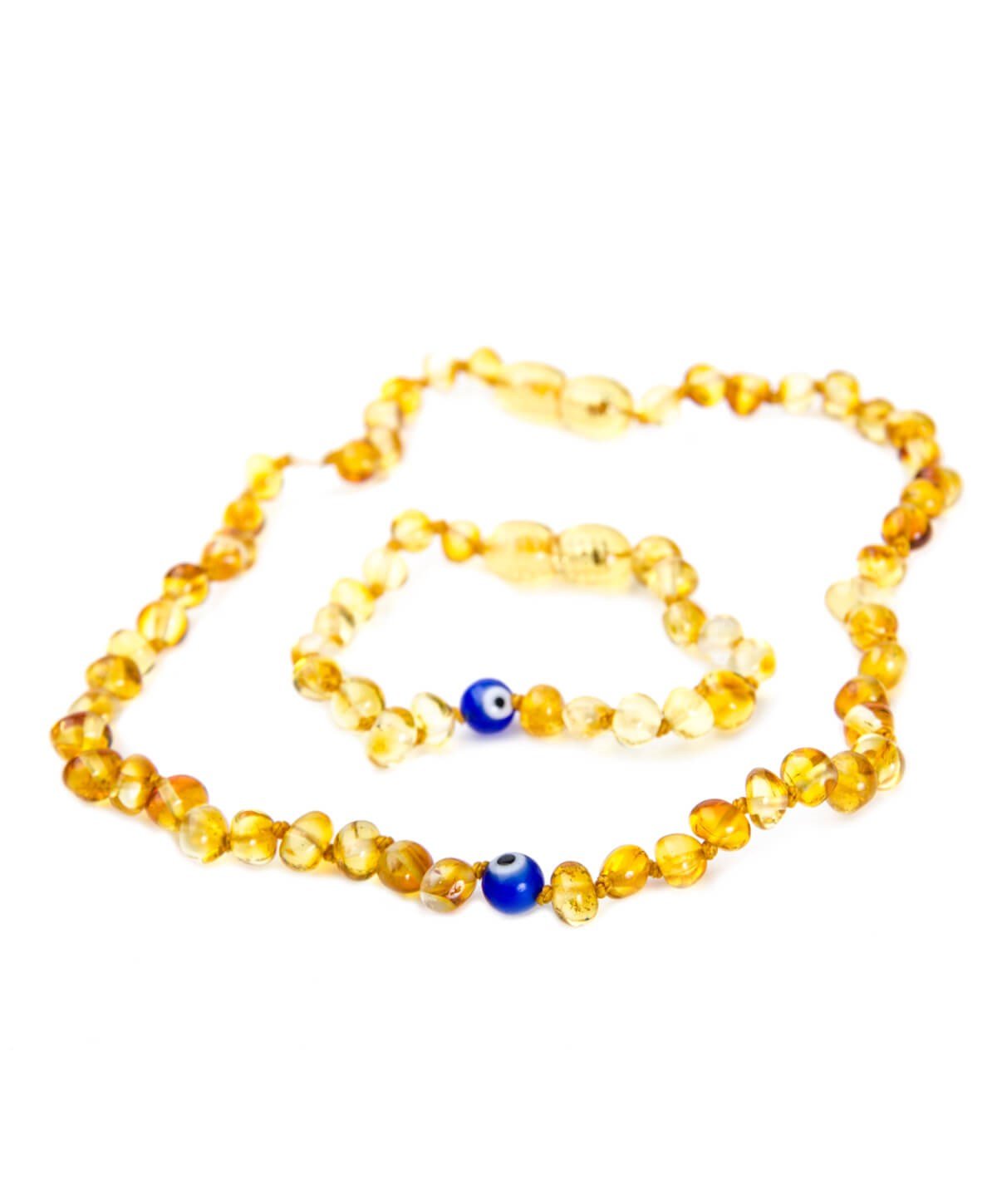 Nazar Boncuklu Bal Rengi Kehribar Kolye ve Kehribar Bileklik Seti