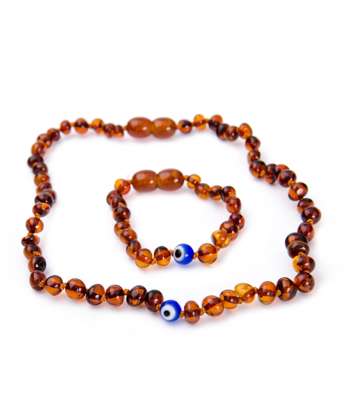 Nazar Boncuklu Karamel Rengi Kehribar Kolye ve Kehribar Bileklik Seti