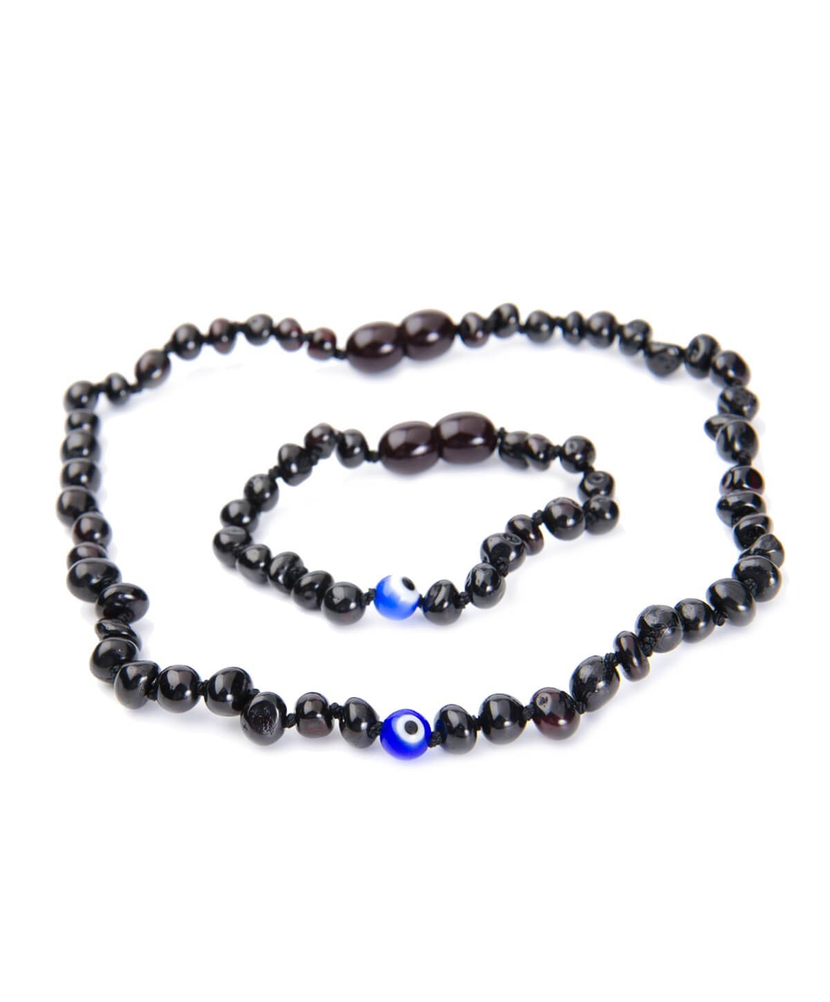 Nazar Boncuklu Vişne Rengi Kehribar Kolye ve Kehribar Bileklik Seti