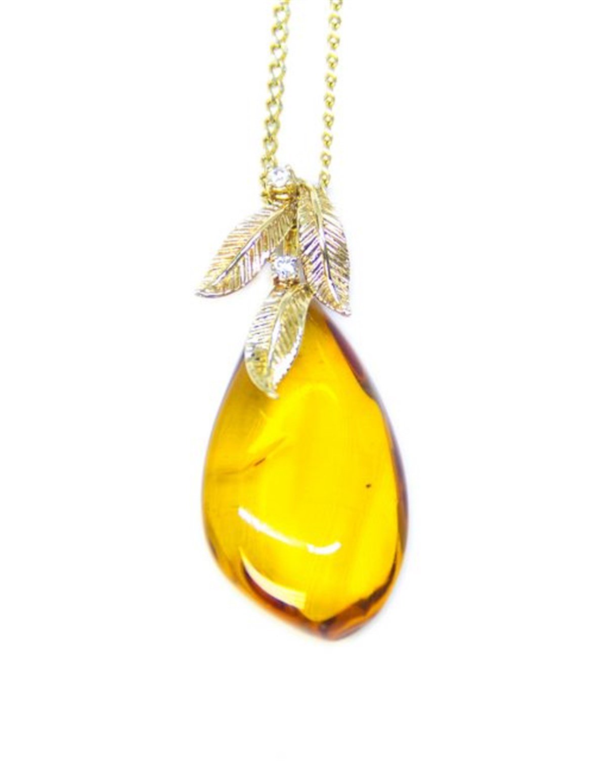 Sultanım Serisi Pırlantalı Altın Yaprak Kehribar Kolye